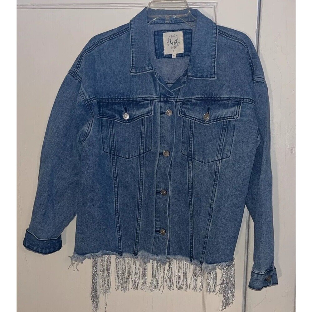 Fantastic Fawn Denim Jacket Womens Medium Silver Fringe Back Blue Jean Jacket